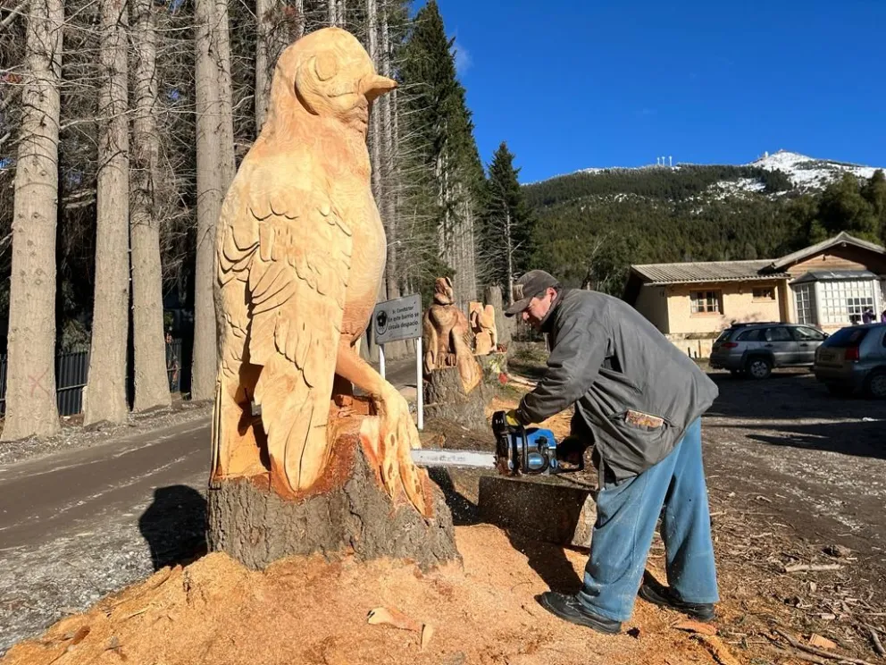 Construyen un paseo de esculturas en madera en la calle José Ingenieros