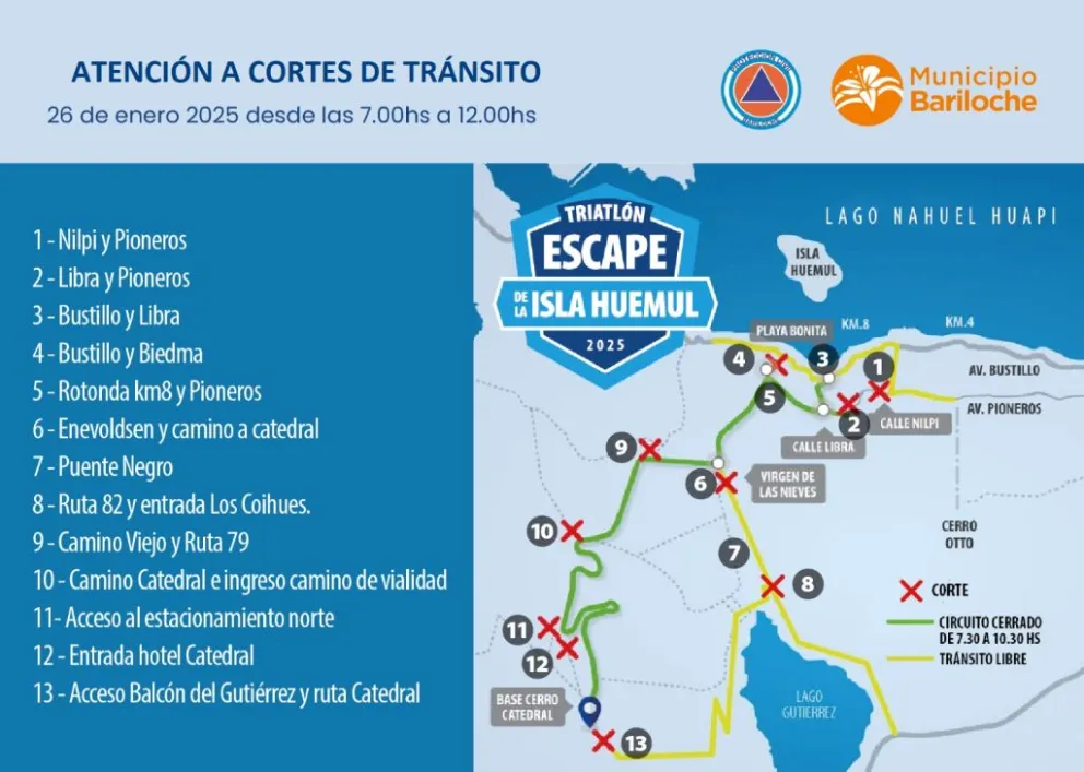 Cortes de tránsito este domingo por el Escape de la Isla Huemul